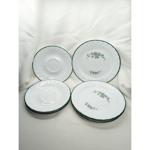 Set of 8 Corelle Callaway Ivy Dessert Salad - Saucers Plates Swirl Green Rim - Picture 1 of 7